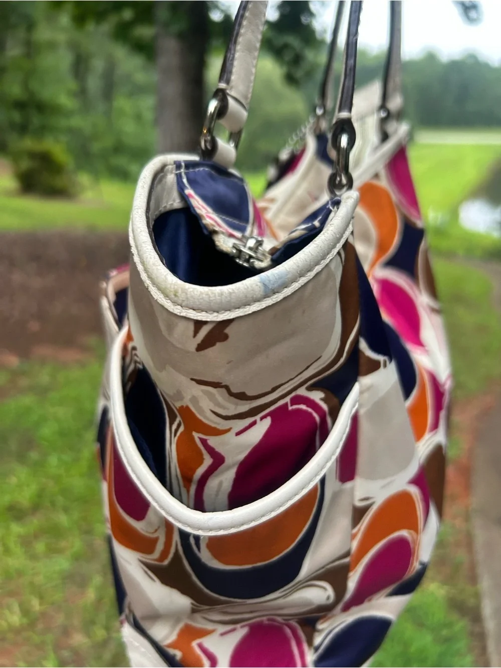 Coach F23299 Park Hand Drawn Scarf Print North/South Tote Chalk Leather $378 MSR